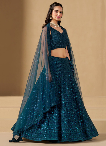 Beautiful Peacock colored Georgette Lehenga with sequin and thread embroidery work.